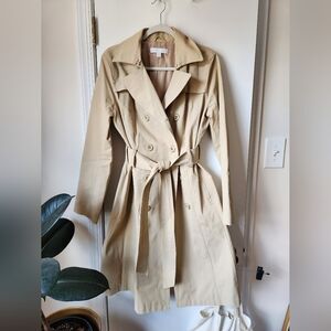 New York & Company Tan Belted Trench Coat Womens Sz L Khaki Classic Boho